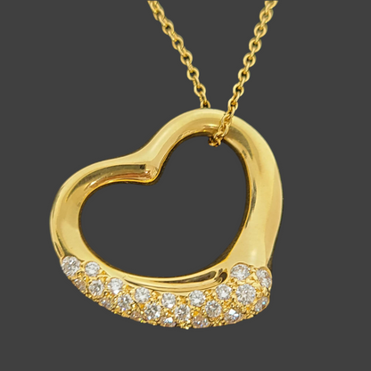 Tiffany 
18K Yellow Gold Diamond 22mm Elsa Peretti Open Heart Pendant Necklace